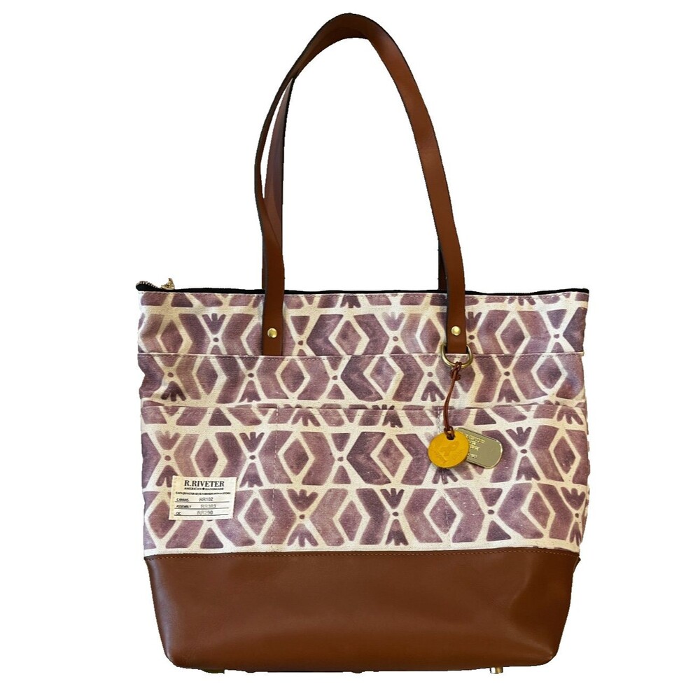 R. RIVETER Printed Purple Canvas & Brown Tan Leather large tote Handmade